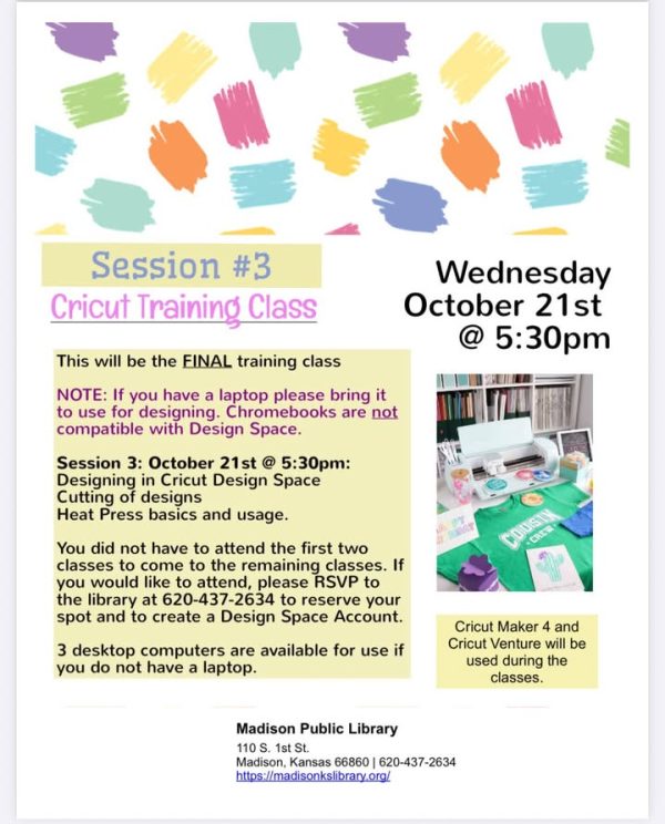 Our final Cricut training class is at 5:30 on Wednesday Oct. 21st!